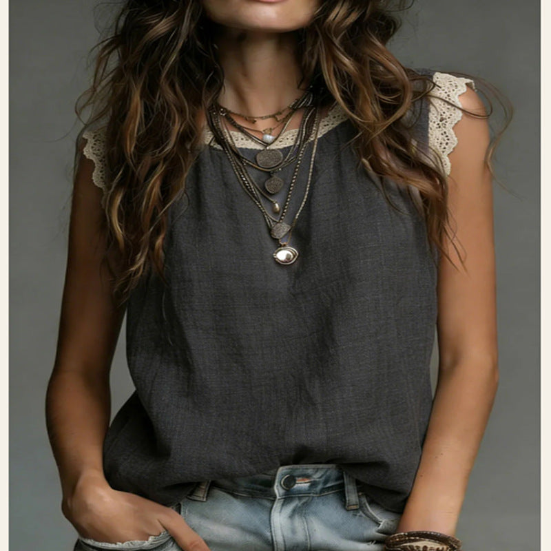 Womens Lace-Patchwork Crew-Neck Sleeveless Cotton-Linen Shirt