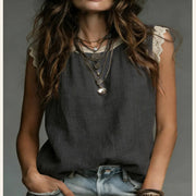 Womens Lace-Patchwork Crew-Neck Sleeveless Cotton-Linen Shirt