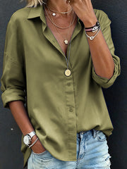 Women's Casual Loose Fashion Solid Color Long-Sleeve Lapel Shirt