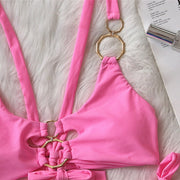 Solid Color Female Swimsuit with Metal Accents