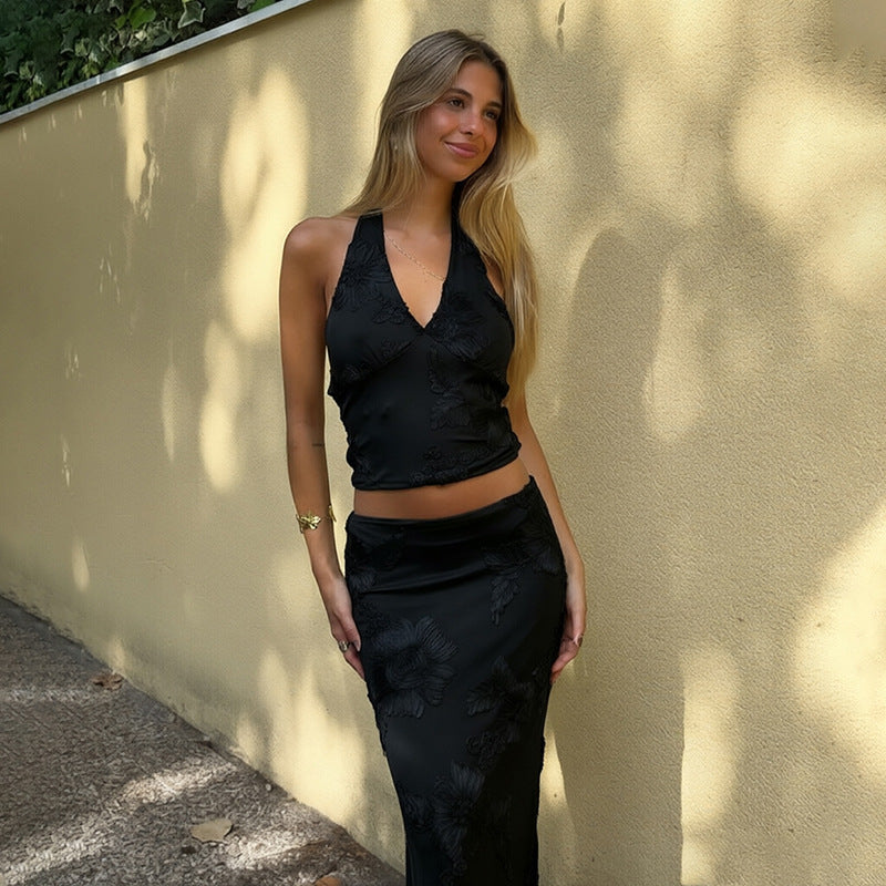 Womens Fashion Halterneck Backless Long Dress Set