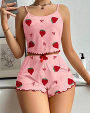 Women's Pajamas Fashion Printed Sweet Spaghetti-strap Shorts Suit