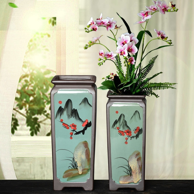Chinese Hand-painted Square Straight Retro Purple Sand Flower Pot