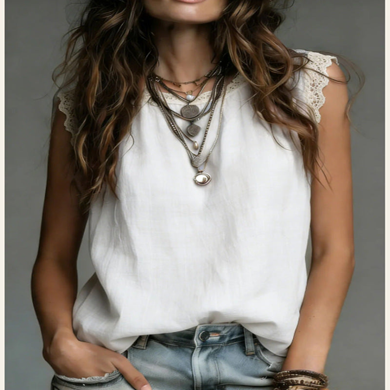 Womens Lace-Patchwork Crew-Neck Sleeveless Cotton-Linen Shirt