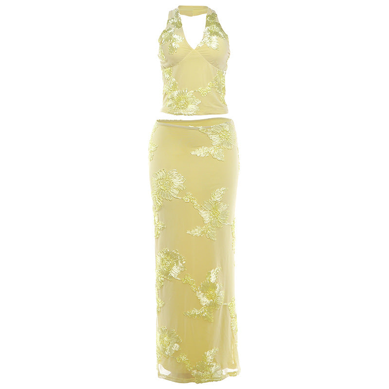 Womens Fashion Halterneck Backless Long Dress Set