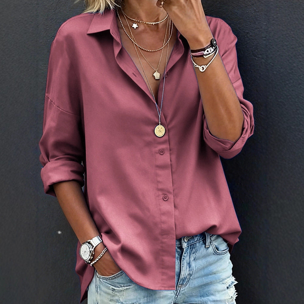 Women's Casual Loose Fashion Solid Color Long-Sleeve Lapel Shirt