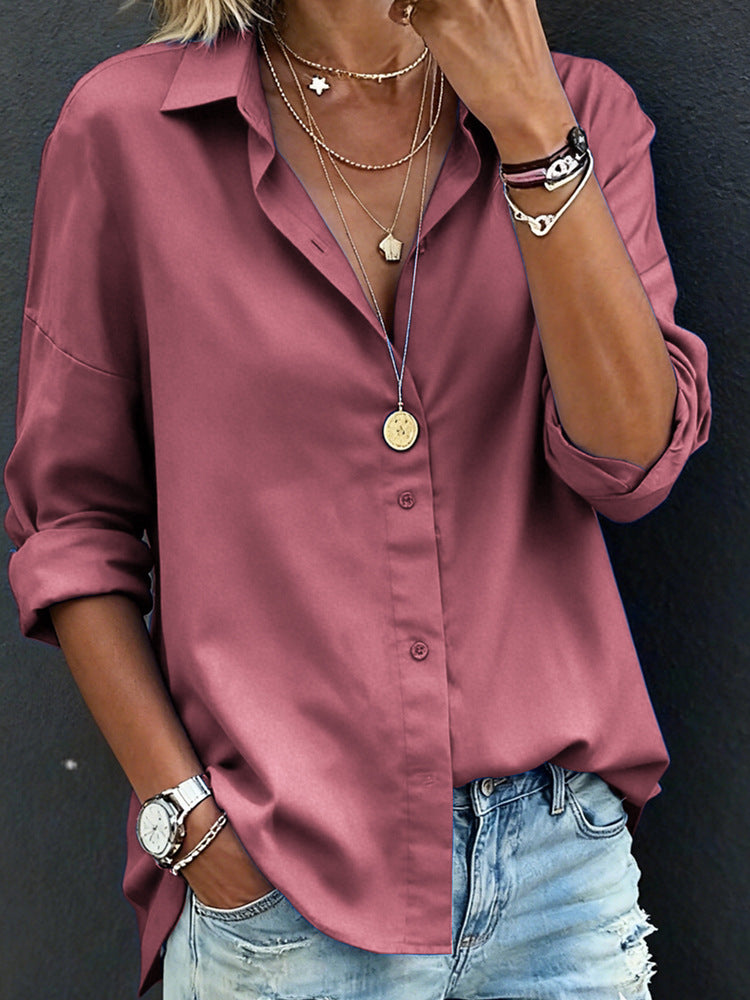 Women's Casual Loose Fashion Solid Color Long-Sleeve Lapel Shirt
