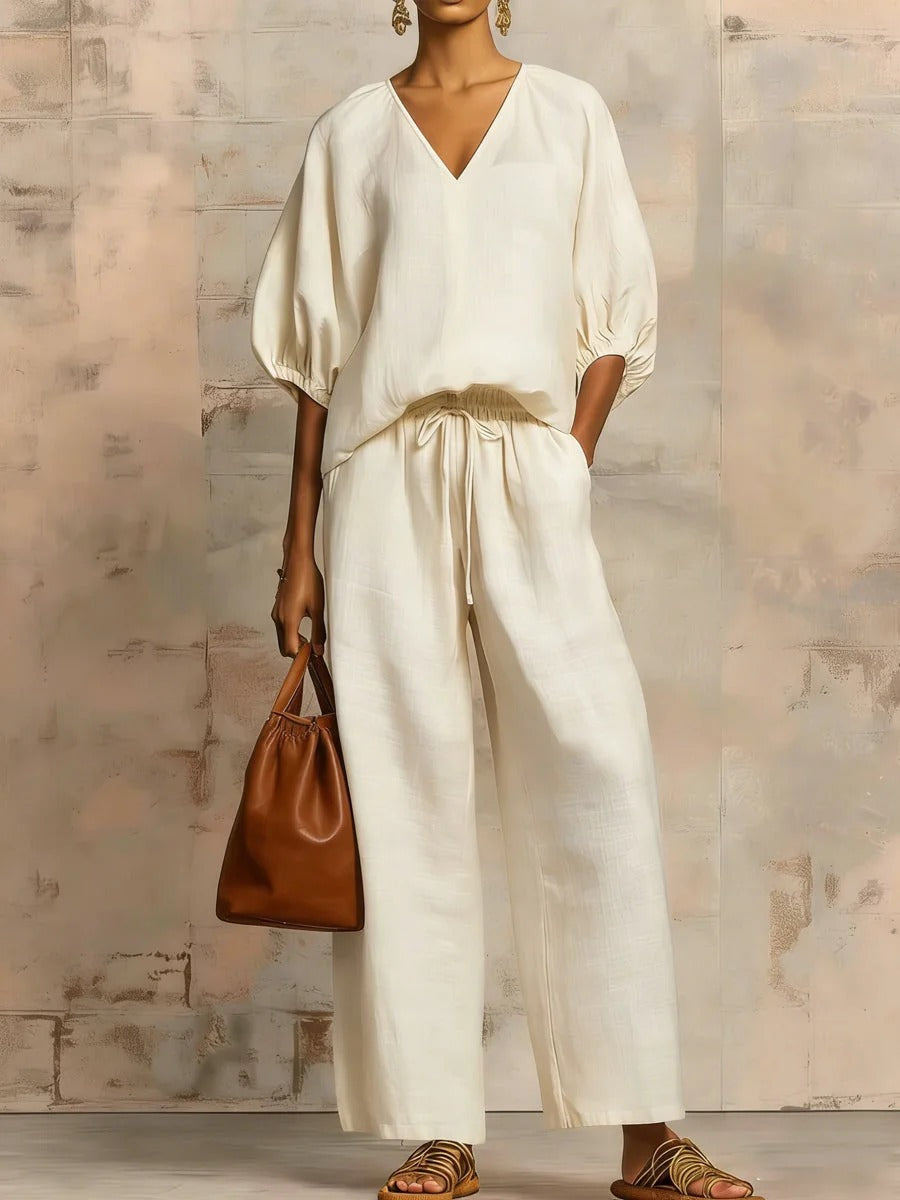 Womens Loose Solid-Colored V-Neck Half-Sleeve Top And Wide-Leg Pants Set