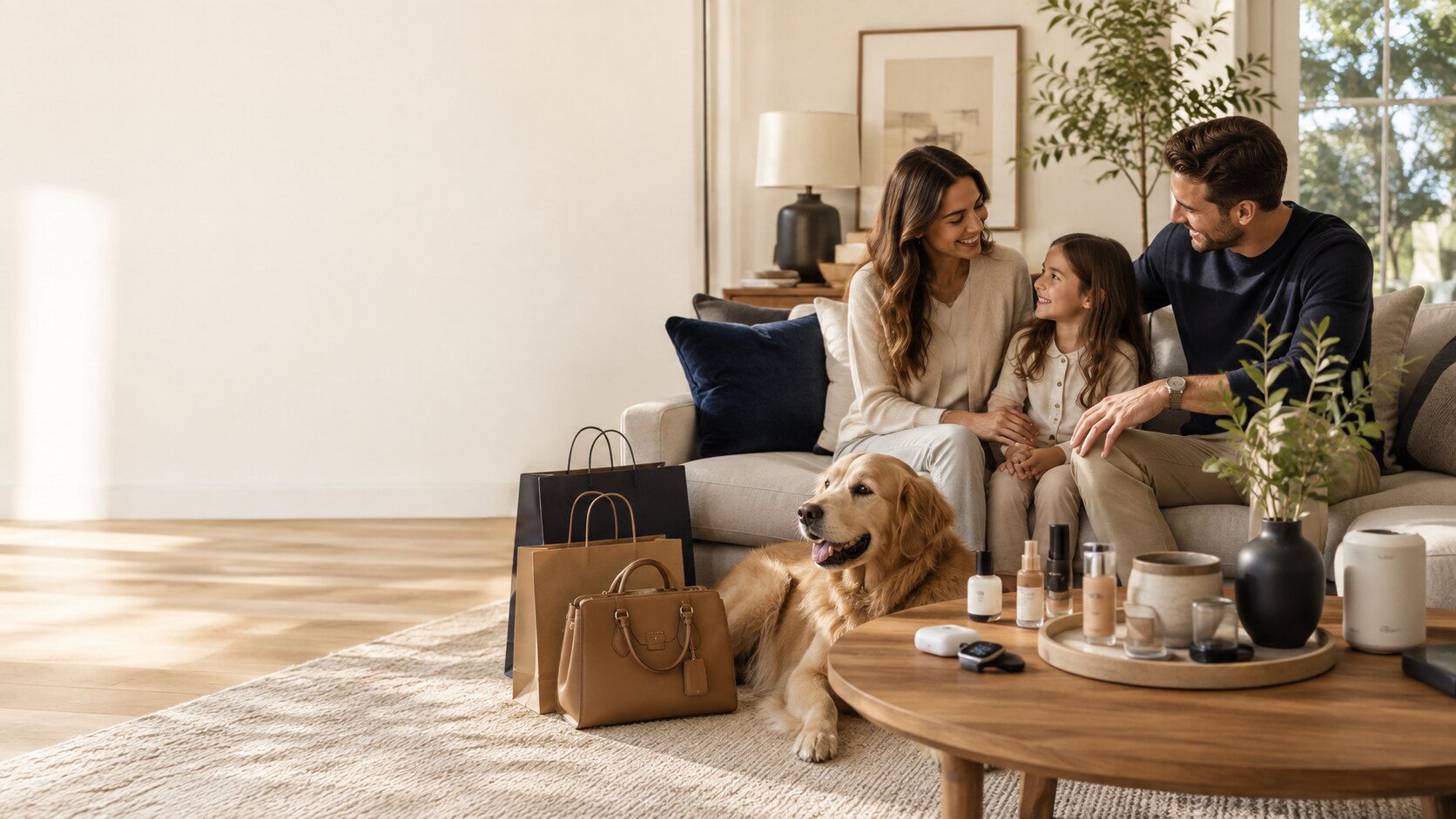 Stylish family with a golden retriever in a bright contemporary living room